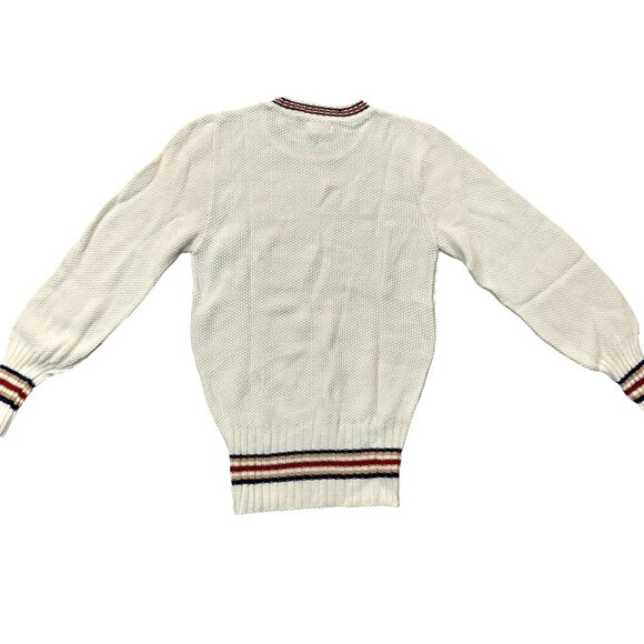 Vintage Cream Textured LS Knit Sweater w/stripe trim collar, sleeves, waist - Picture 5 of 6